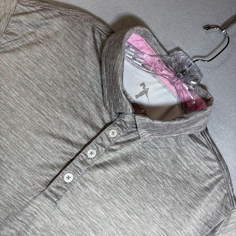 Anderson Ord Men L Polo Golf Shirt Gray, Pink Striped Stretch‎ Performance